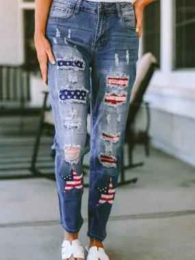 American Flag Graphic Patched Distressed Jeans in Sky Blue