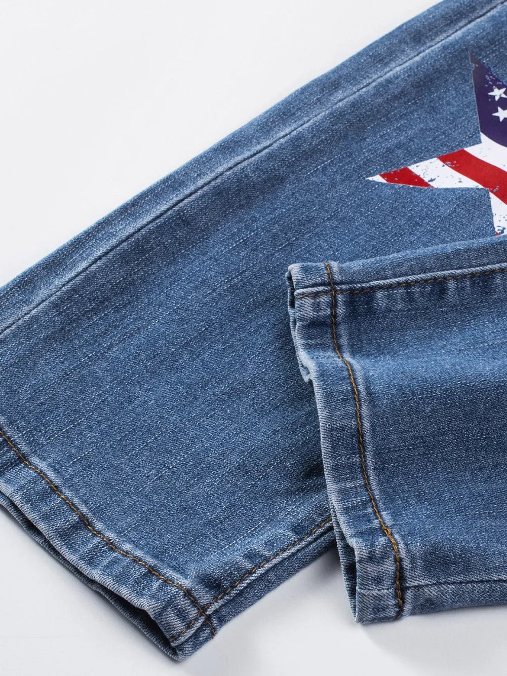 American Flag Graphic Patched Distressed Jeans in Sky Blue