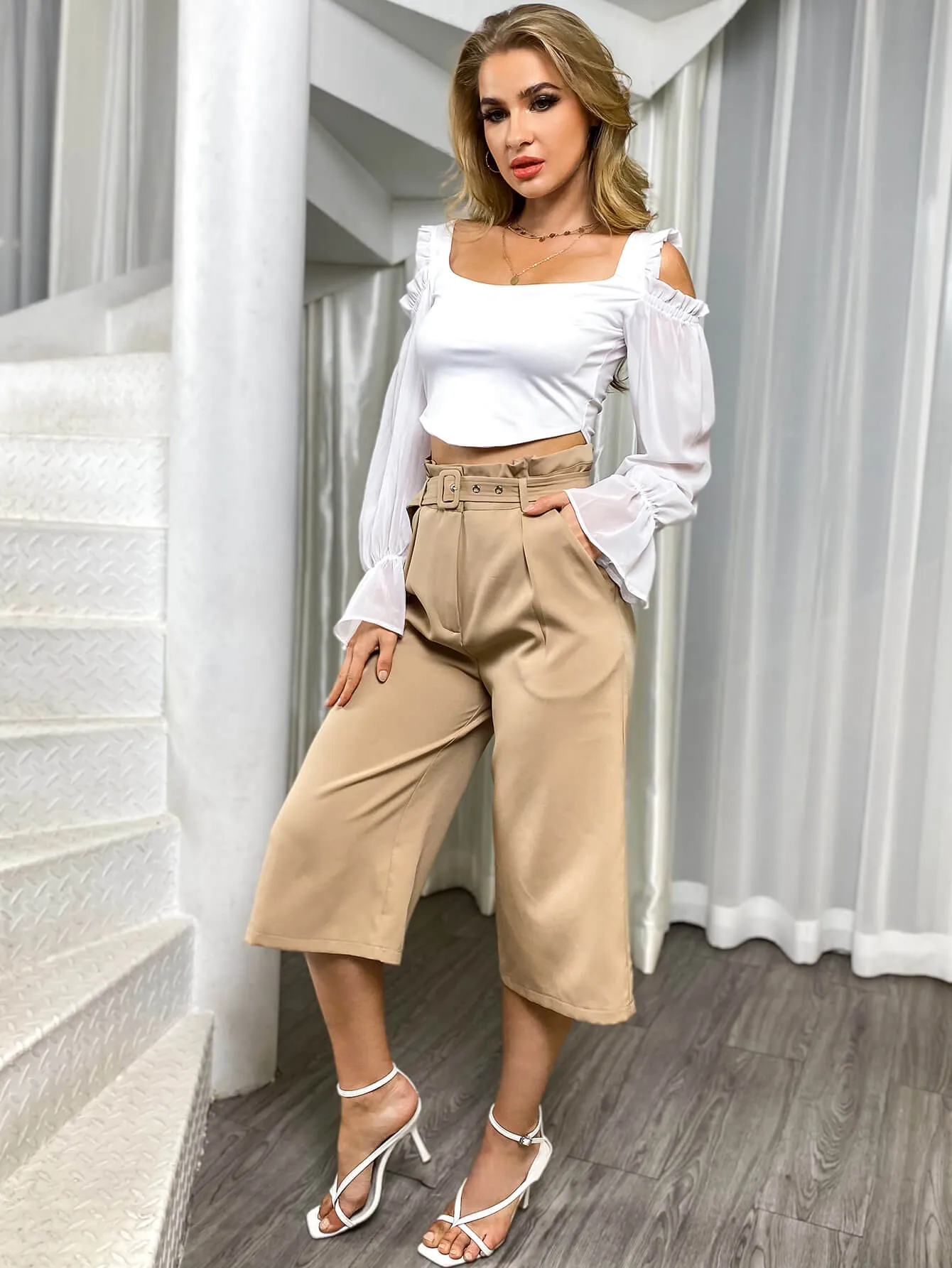 Belted Paperbag Wide Leg Pants