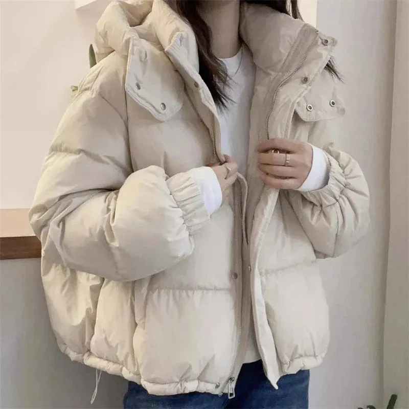 binfenxie Women Korean Cotton Parkas Hooded Winter Oversize Coat Thick Warm Loose Puffer Jacket Female Solid Fashion Zipper Outwear