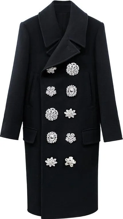 Black Double-Breasted Crystal-Button-Embellished Coat