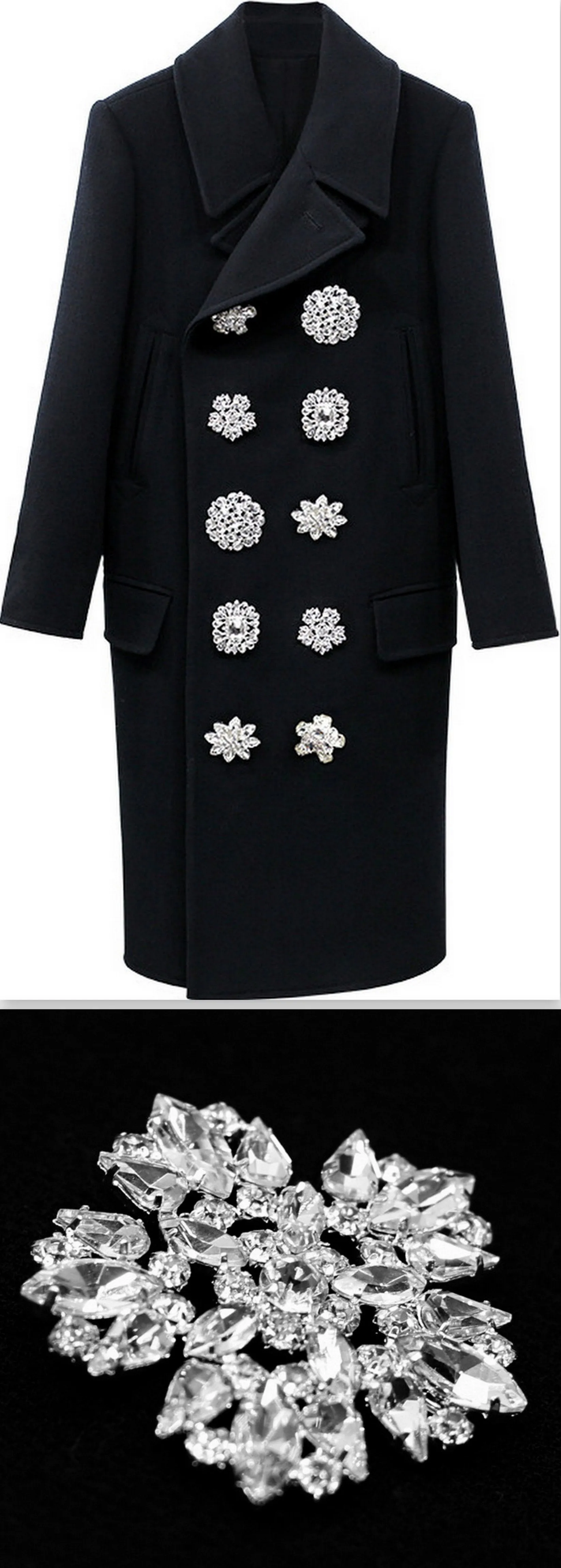 Black Double-Breasted Crystal-Button-Embellished Coat