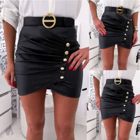 Black Leather Belt High Waist Ruched Skirts