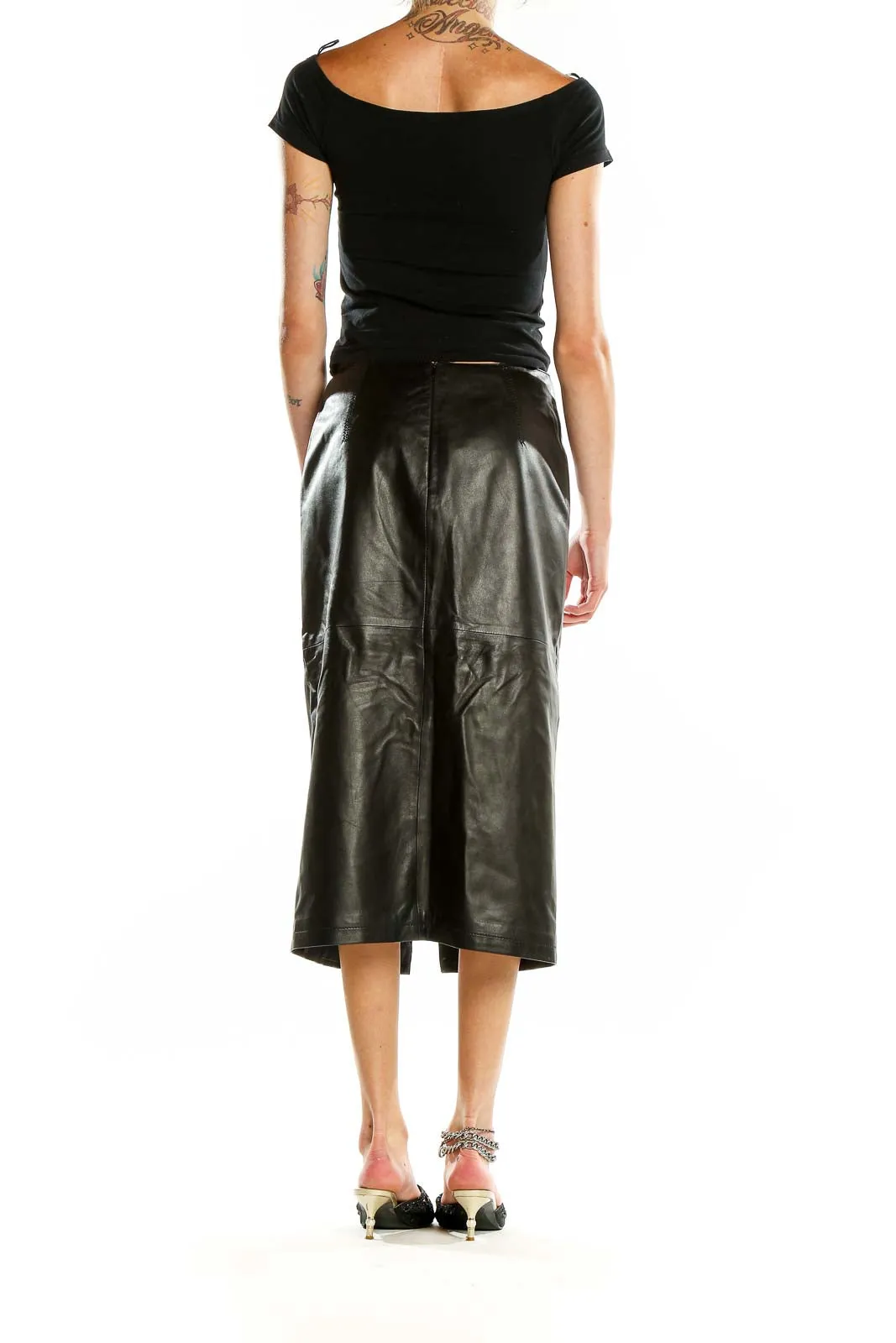 Black Leather Midi Skirt with Front Slit