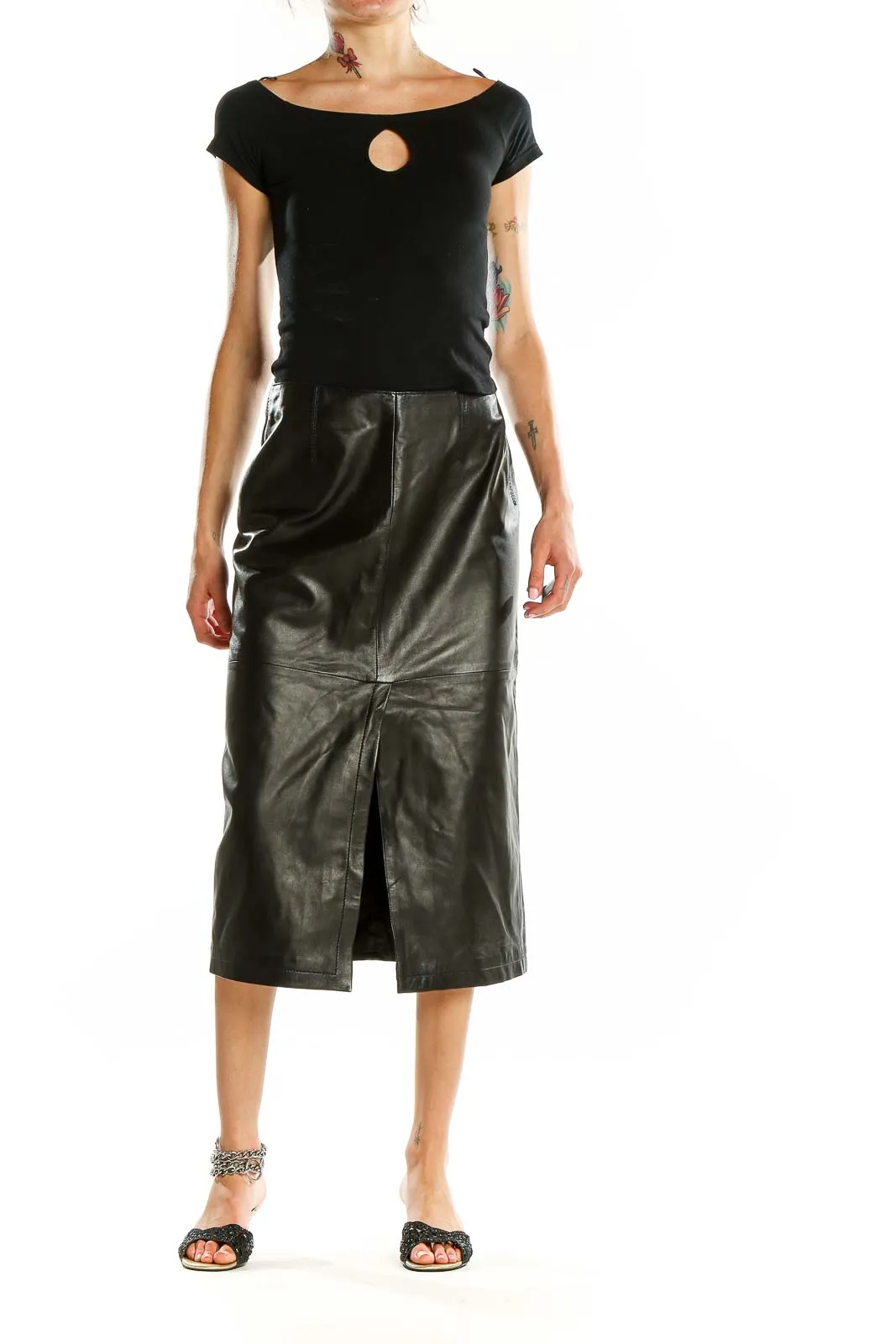 Black Leather Midi Skirt with Front Slit