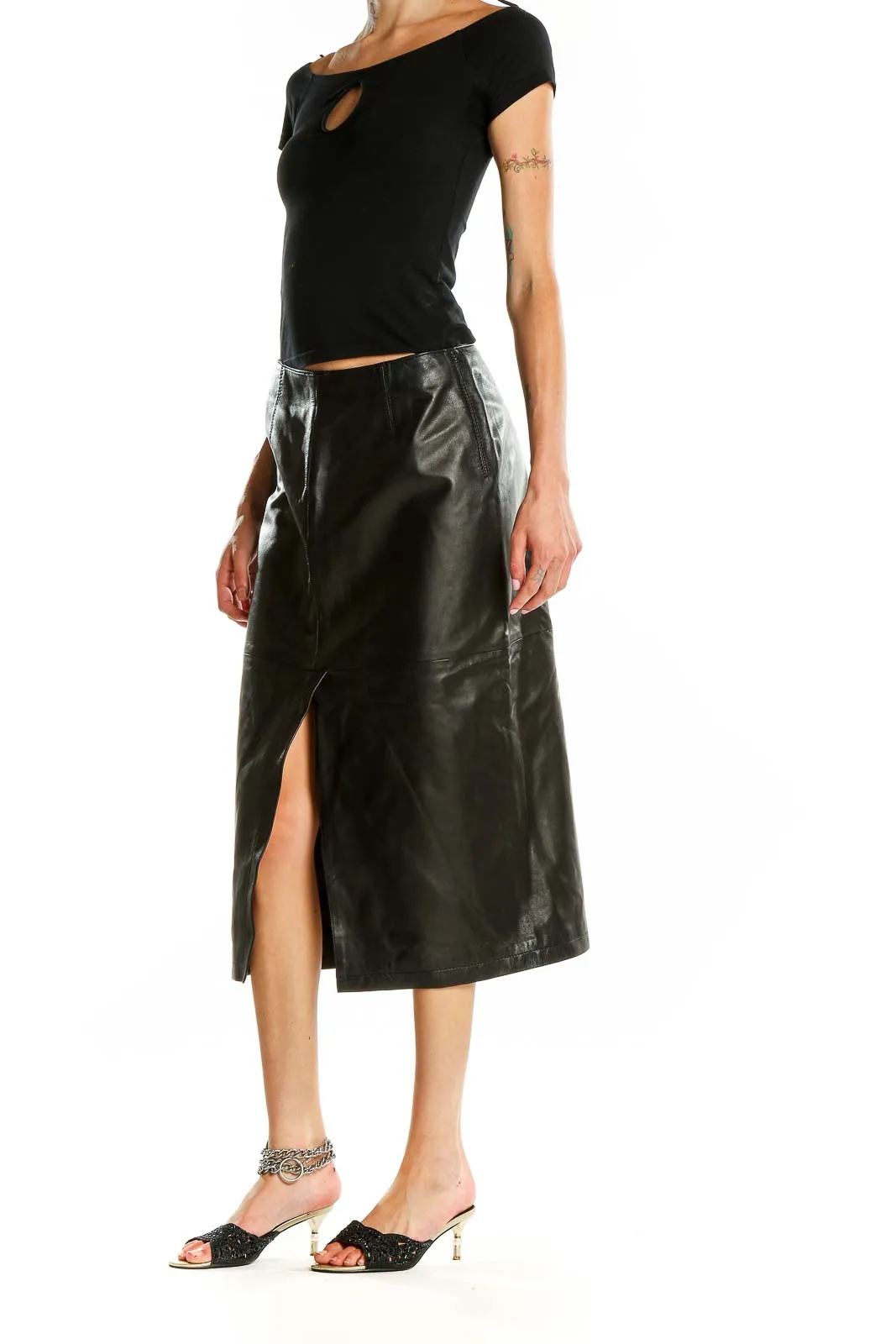 Black Leather Midi Skirt with Front Slit