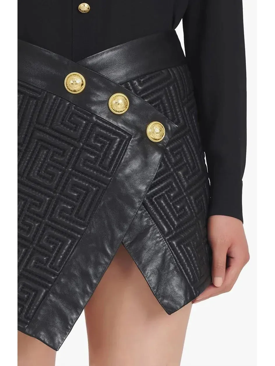 Black Leather Short Embossed Skirt with Monogram