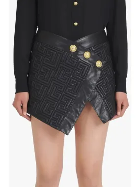 Black Leather Short Embossed Skirt with Monogram