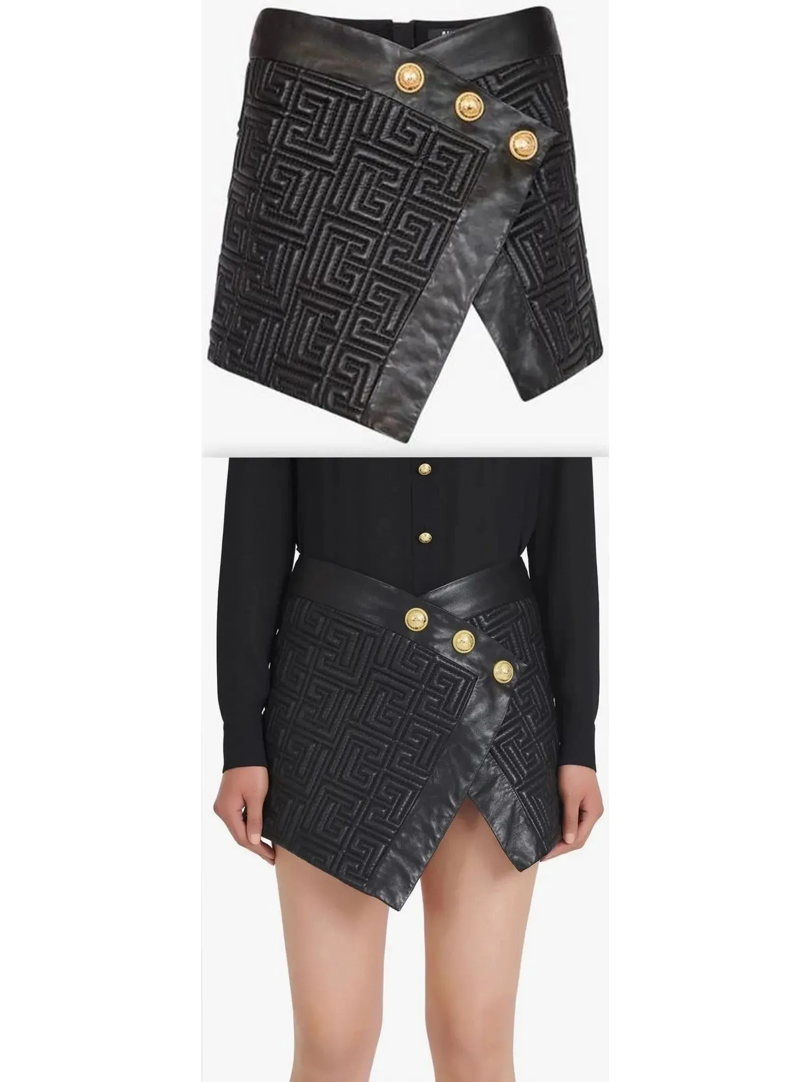 Black Leather Short Embossed Skirt with Monogram