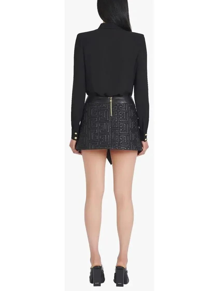 Black Leather Short Embossed Skirt with Monogram