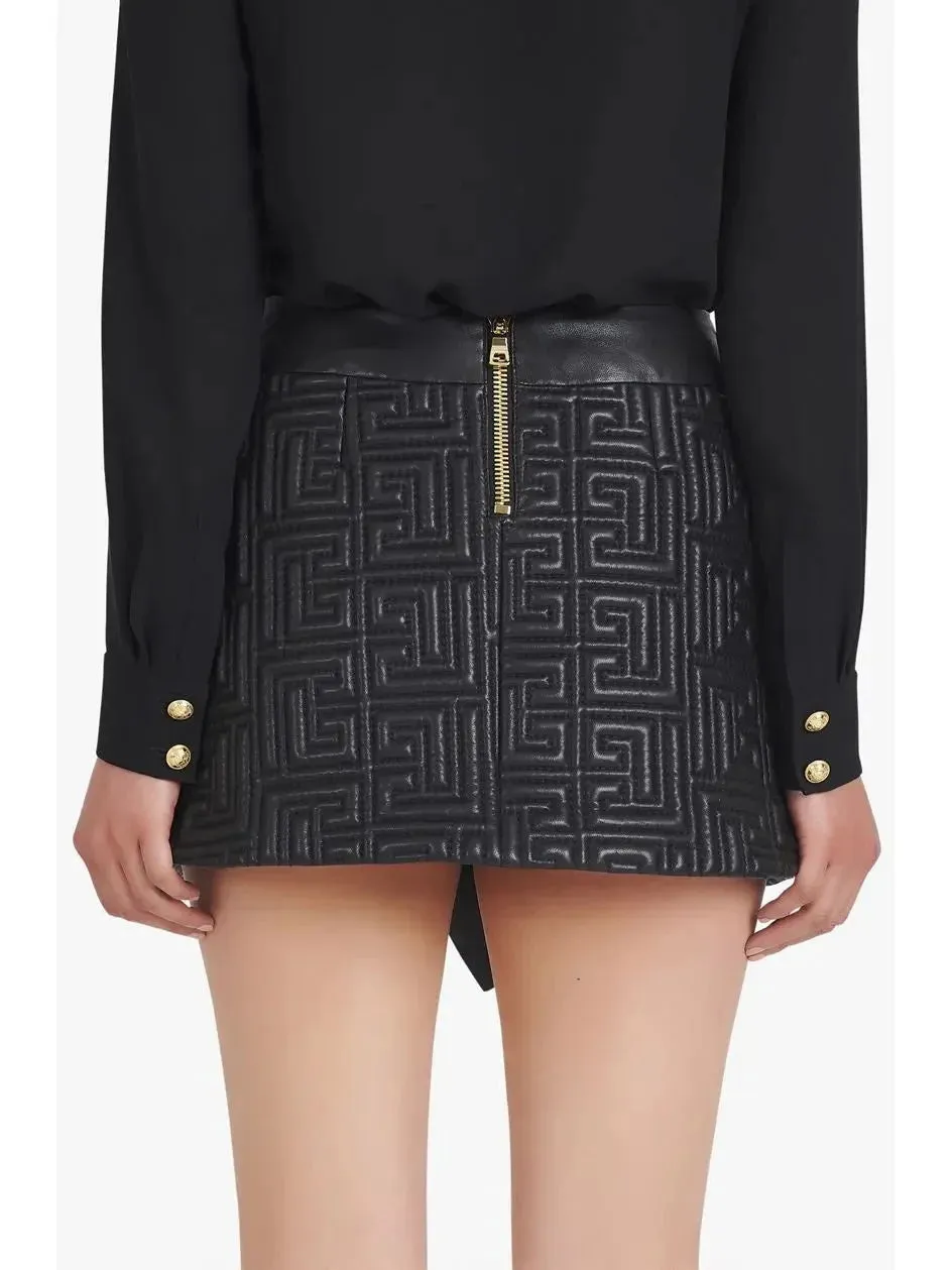 Black Leather Short Embossed Skirt with Monogram