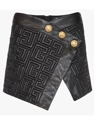 Black Leather Short Embossed Skirt with Monogram