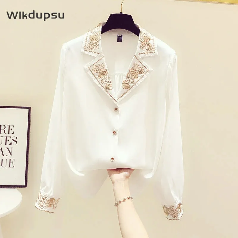 Blouses Shirts Stylish Women Elegant Designer Casual New Spring Summer Office Lady Work Floral Embriodery Shirt Top Female S2988826