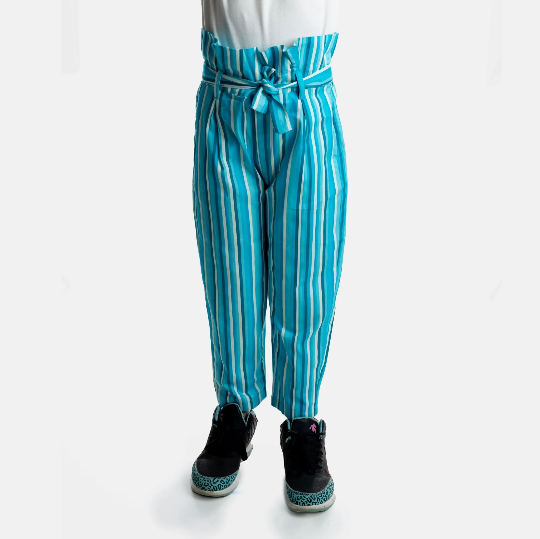 Blue Stripes Paperbag Pants with Pockets