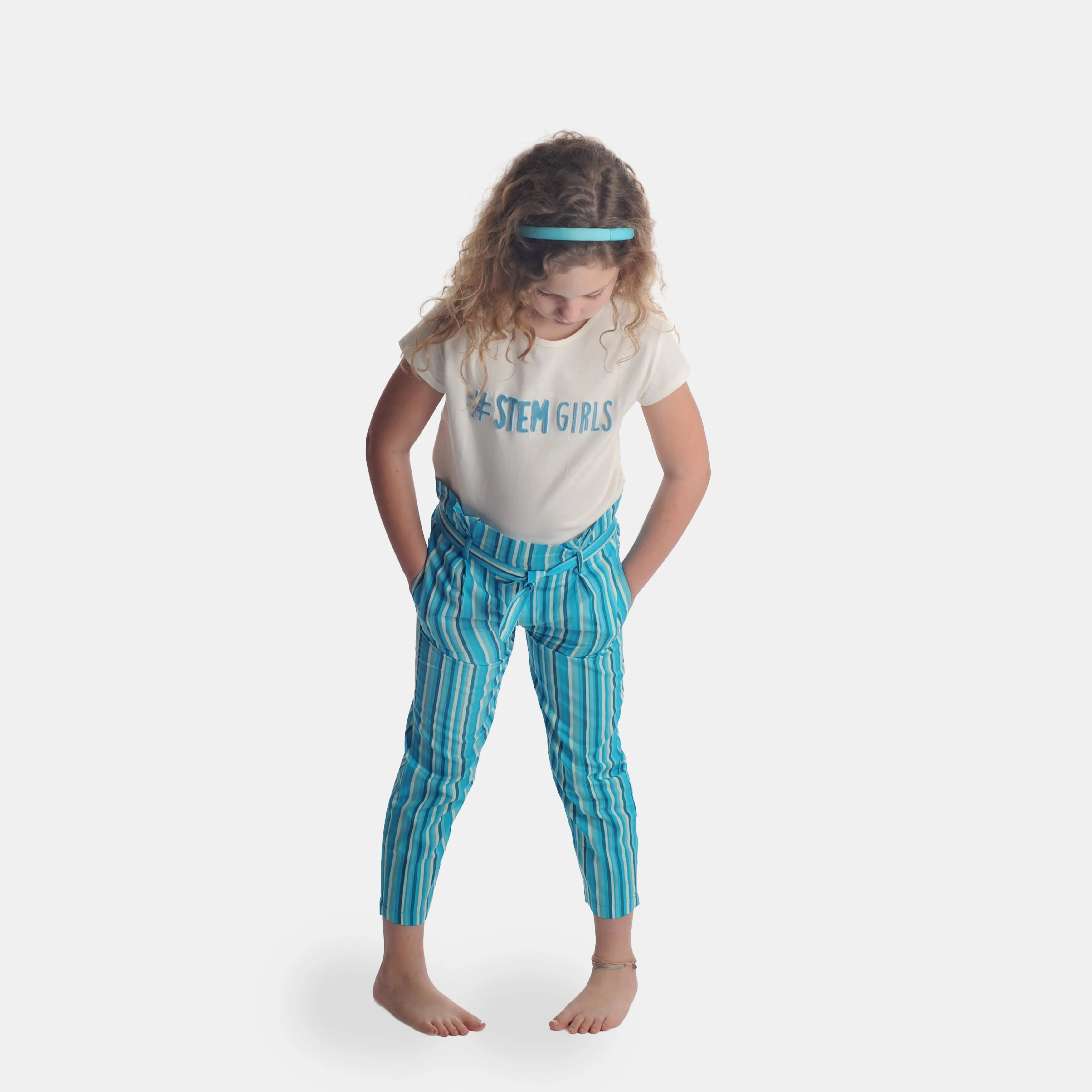 Blue Stripes Paperbag Pants with Pockets