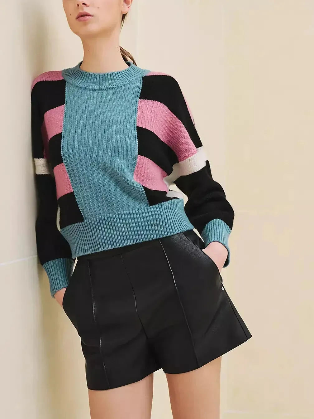 Cashmere Knit Paneled Striped Multicolor Sweater