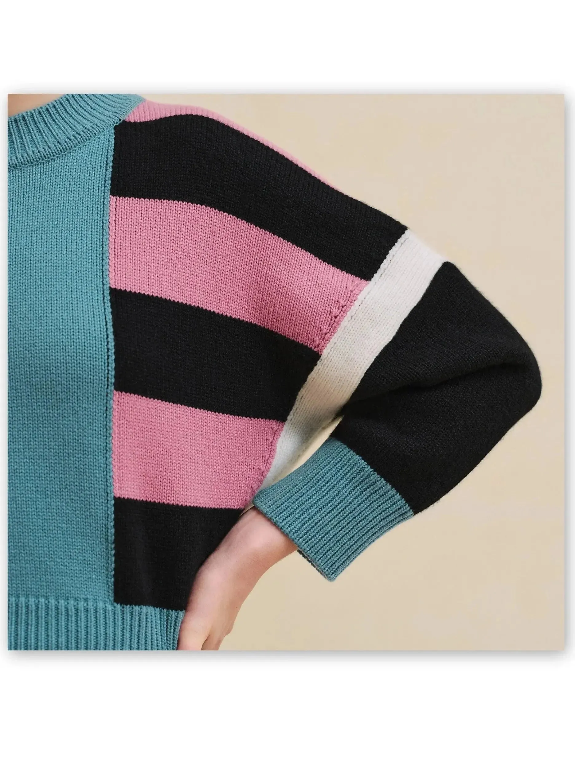 Cashmere Knit Paneled Striped Multicolor Sweater