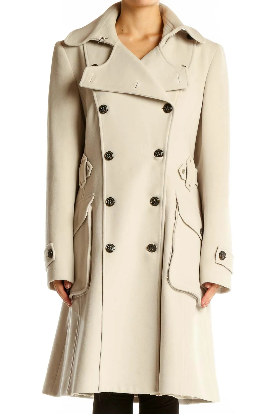 Cream Double-Breasted Wool Blend Coat