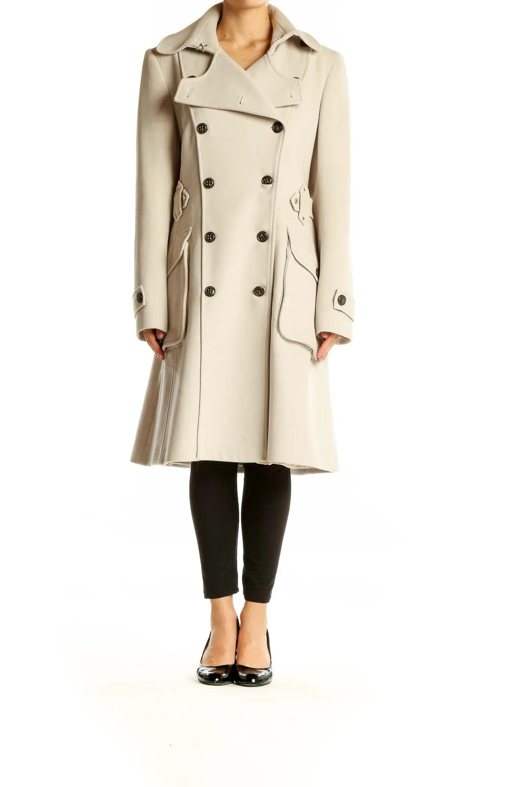 Cream Double-Breasted Wool Blend Coat