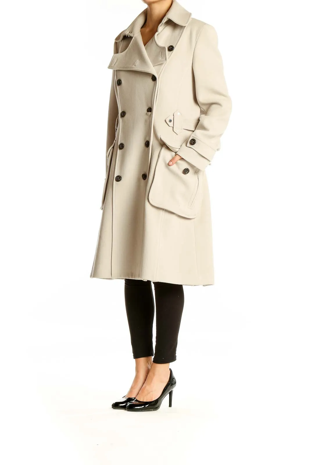 Cream Double-Breasted Wool Blend Coat