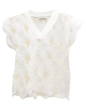 Cream Rose Embroidered V Neck Pullover