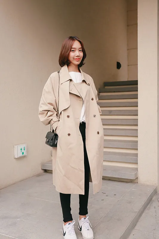 Double Breasted Buttons Loose Sleeves Long Coat