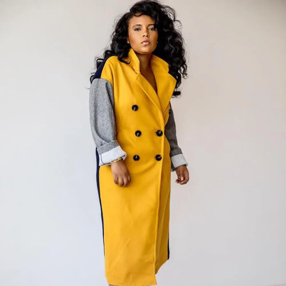 Double Breasted Colorblock Wool Coat