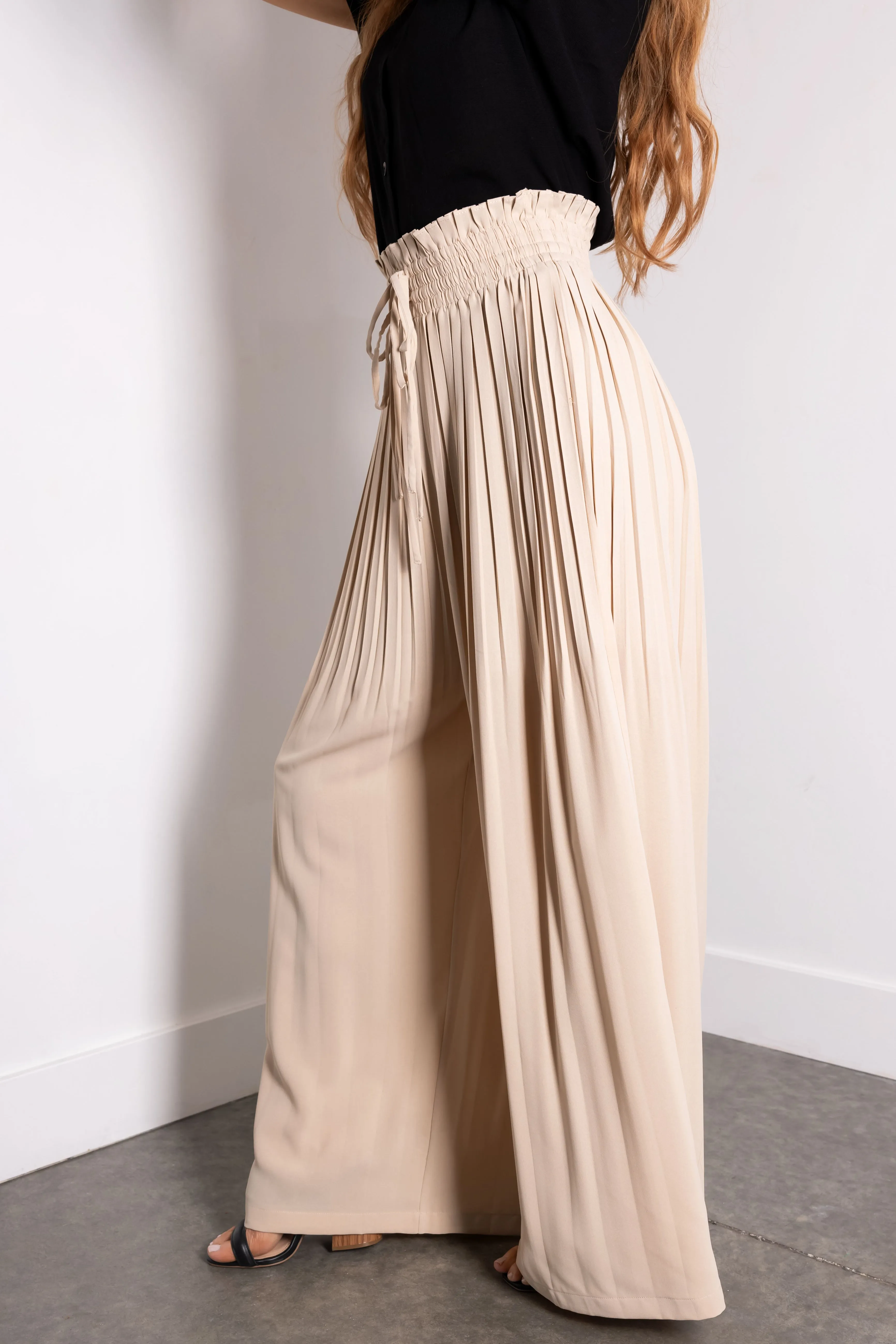 Flying Tomato Almond Pleated Wide Leg Woven Pants