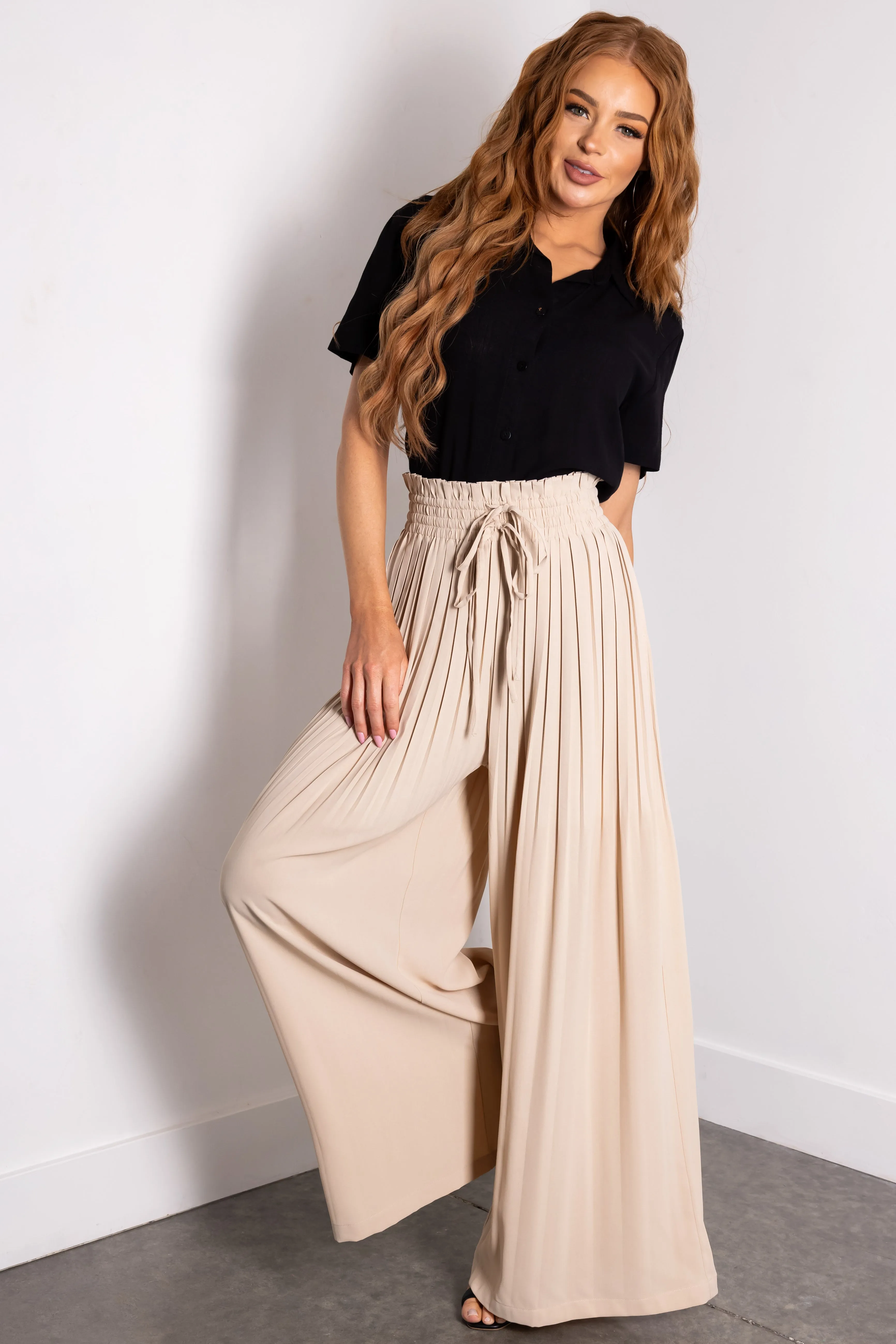 Flying Tomato Almond Pleated Wide Leg Woven Pants