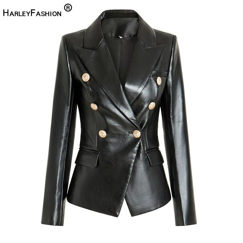 HARLEYFASHION Double-Breasted Faux Leather Gold Buttons Slim Black Blazer Jacket