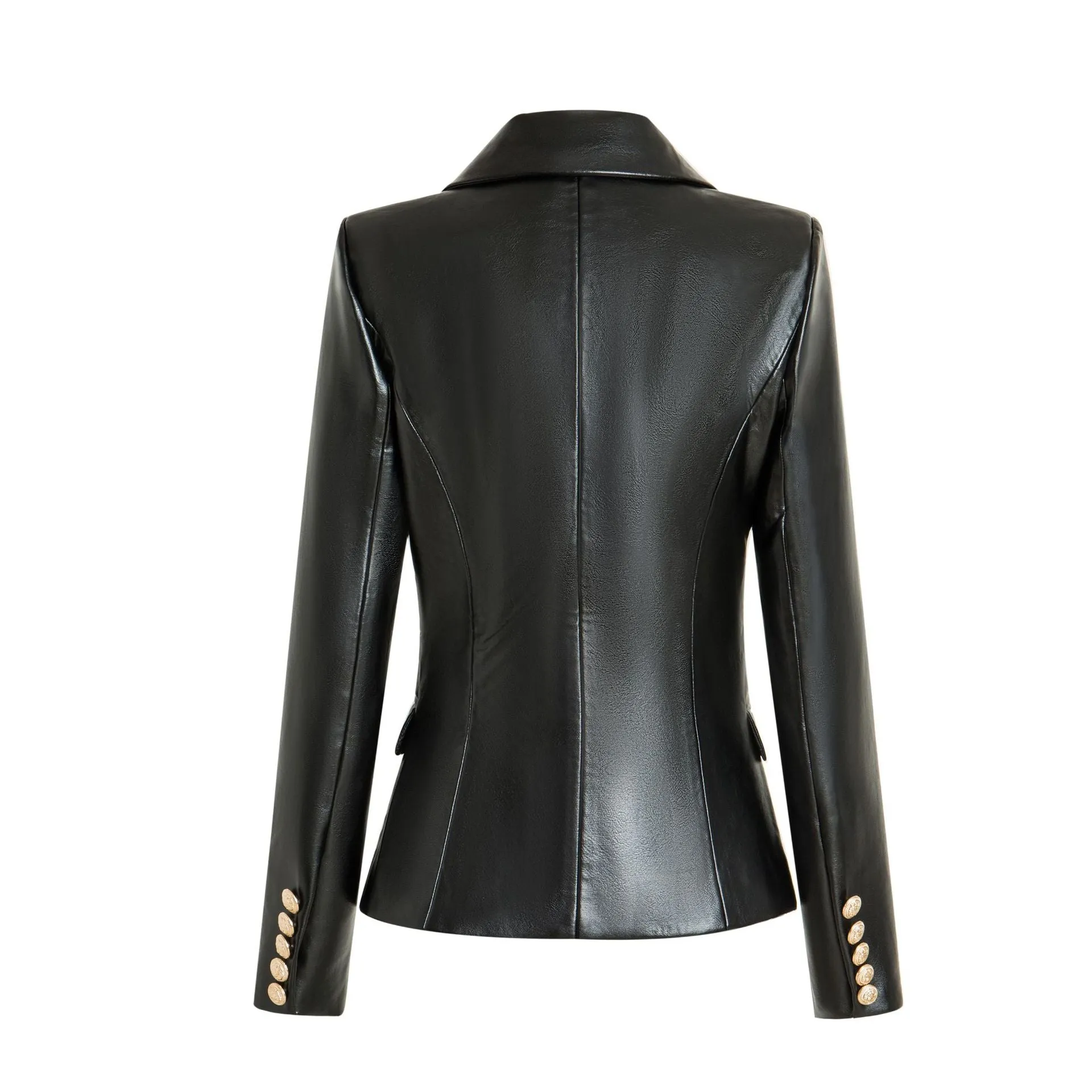 HARLEYFASHION Double-Breasted Faux Leather Gold Buttons Slim Black Blazer Jacket