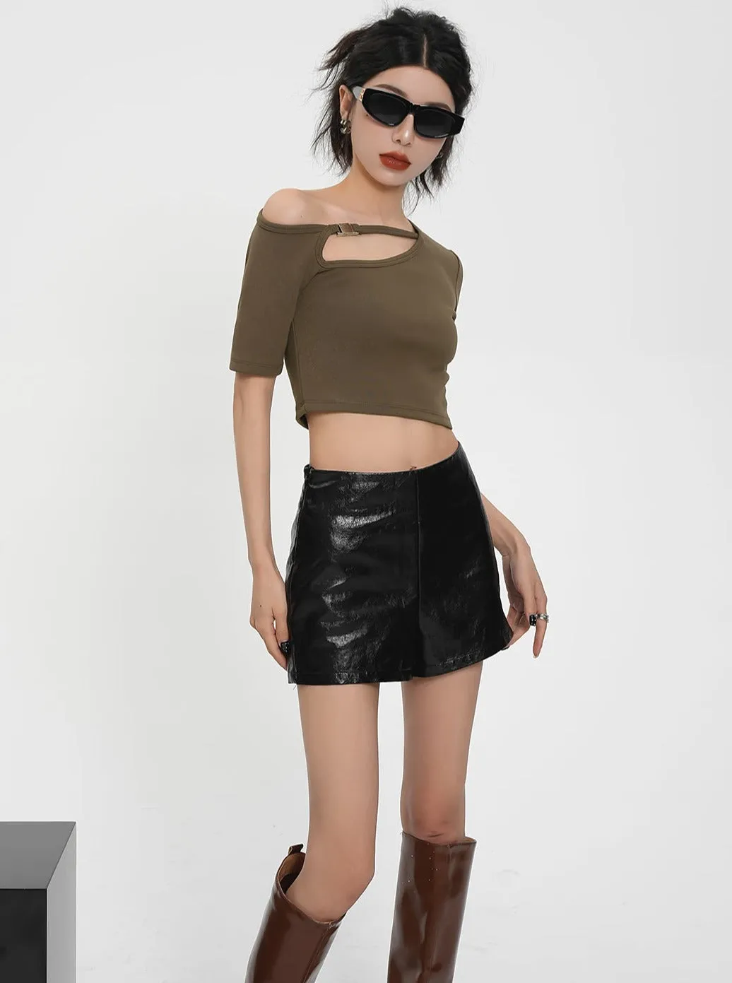 High-Waisted Faux Leather Mini Skirt - Edgy Black Wrap-Style Skort