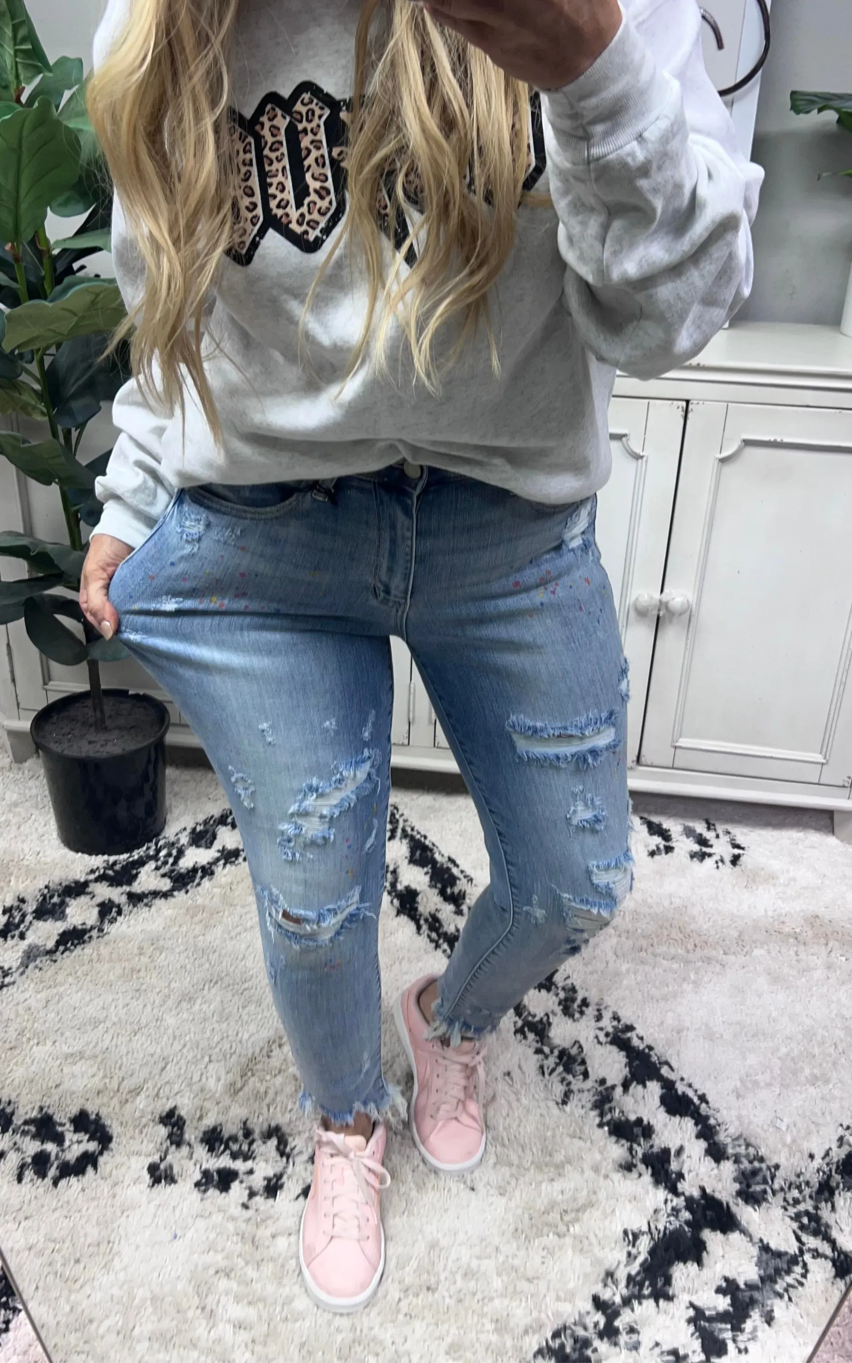 Judy Blue High Rise Paint Splatter Boyfriend Fit Denim Jeans - Final Sale