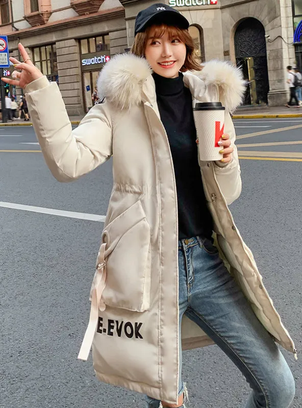 Long Letter Print Parkas Coat Double Warm Big Fur