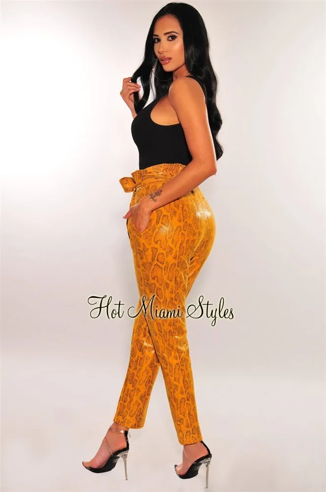 Mustard Faux Leather Snake Paperbag Belted Pants