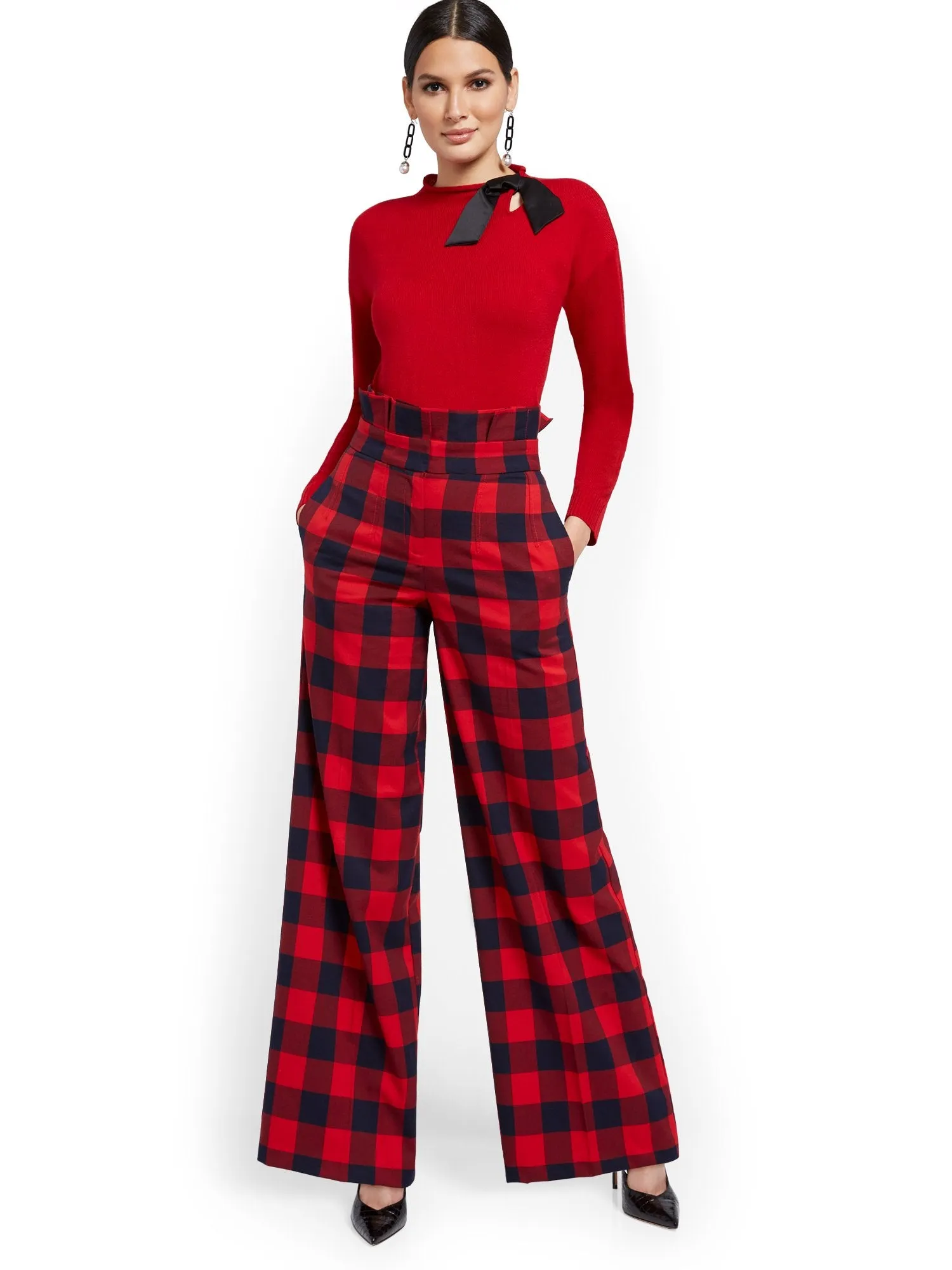 Petite Buffalo Check Paperbag-Waist Pant