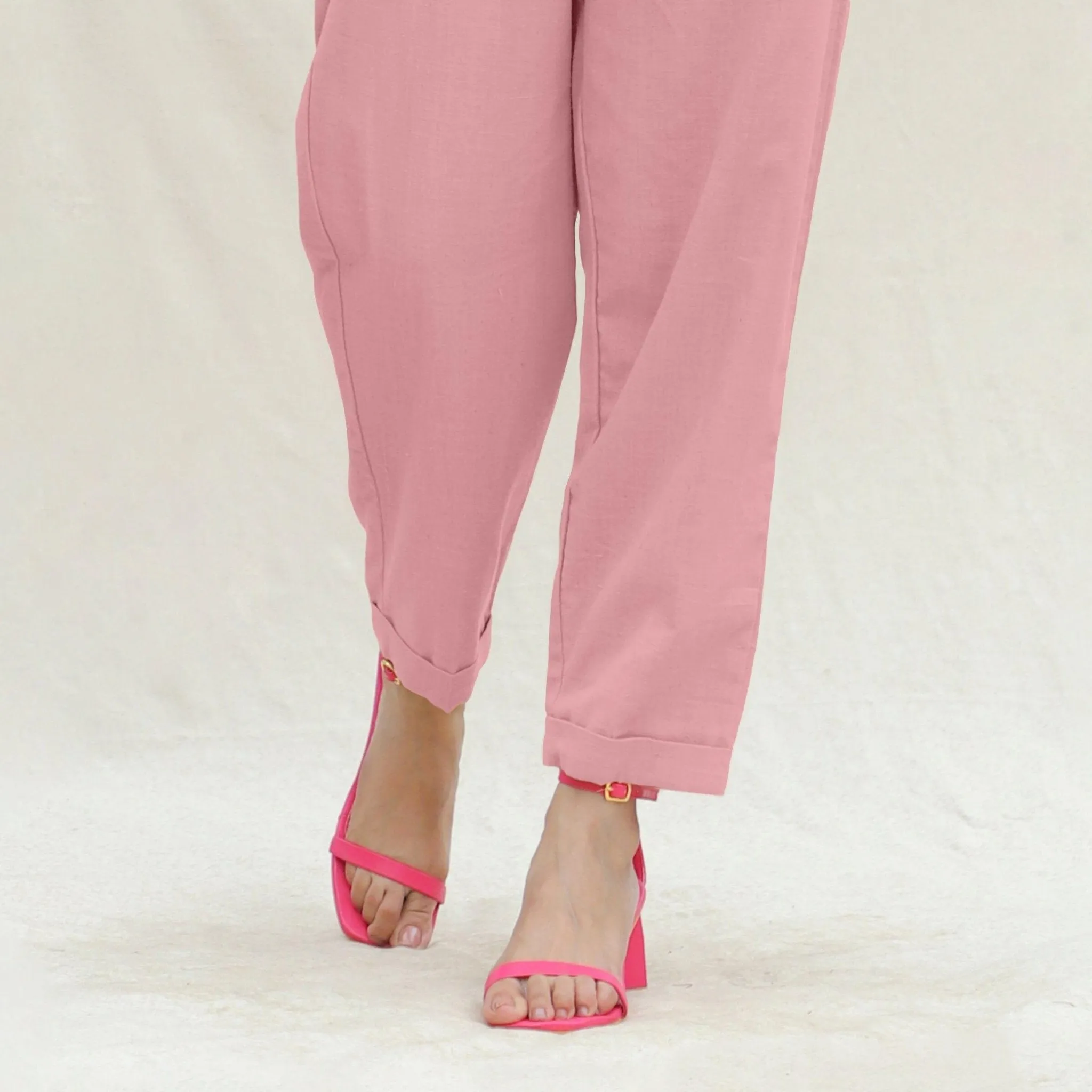 Pink Cotton Flax High-Rise Elasticated Paperbag Pant