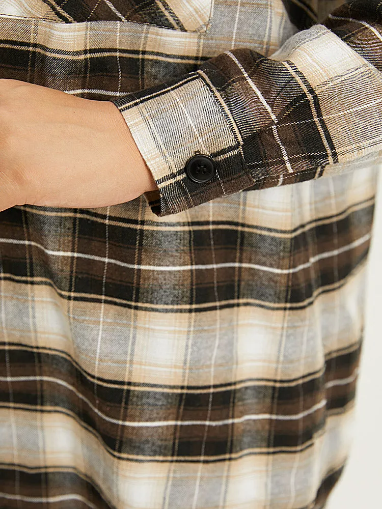 Plaid Button Up Hooded Patchwork Shacket