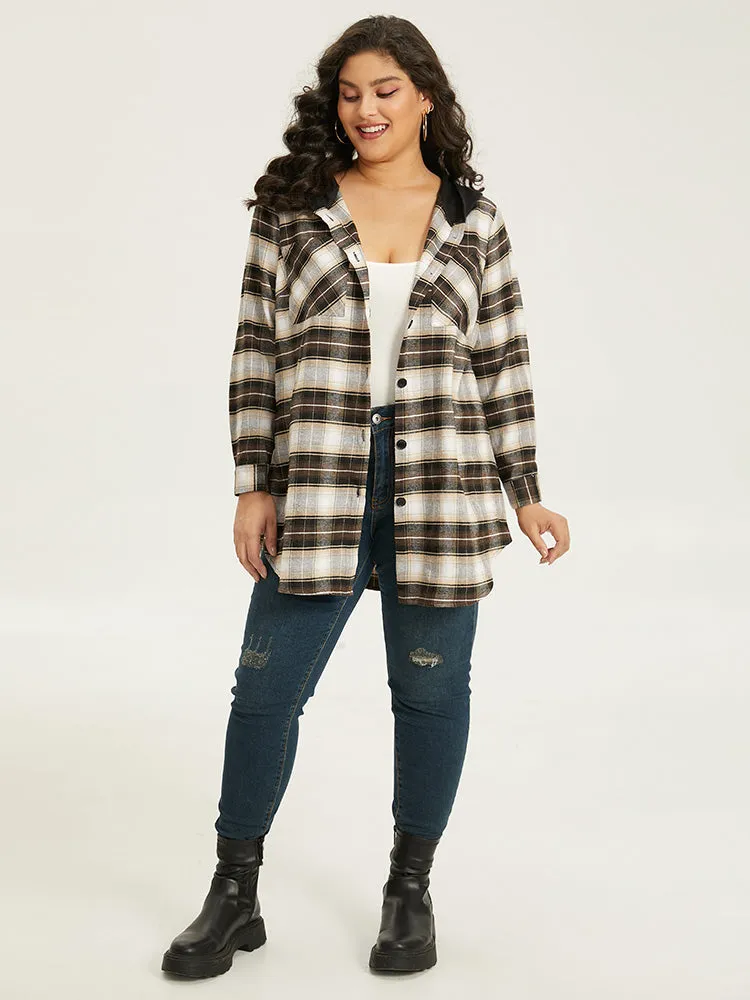 Plaid Button Up Hooded Patchwork Shacket