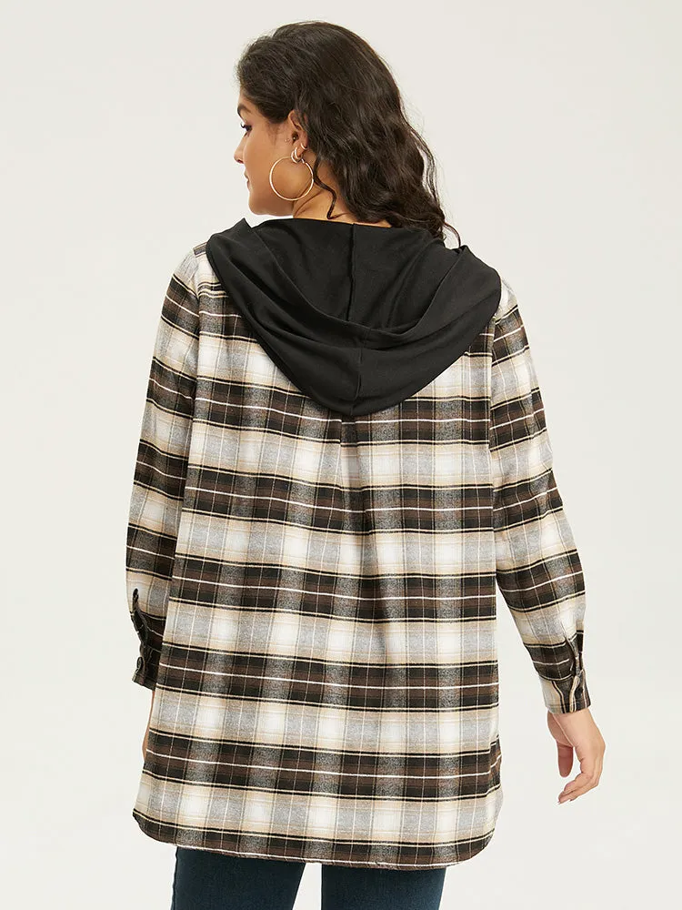 Plaid Button Up Hooded Patchwork Shacket