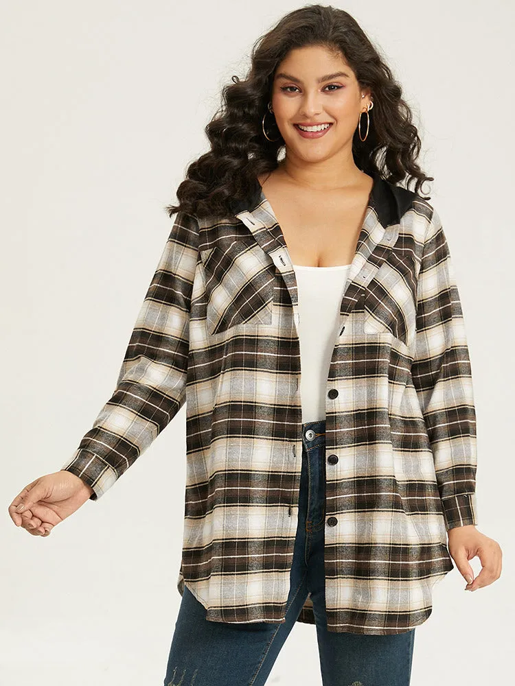 Plaid Button Up Hooded Patchwork Shacket