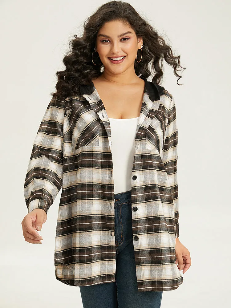 Plaid Button Up Hooded Patchwork Shacket