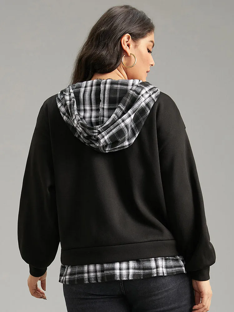 Plaid Patchwork O Ring Zipper Hooded Drawstring Jacket