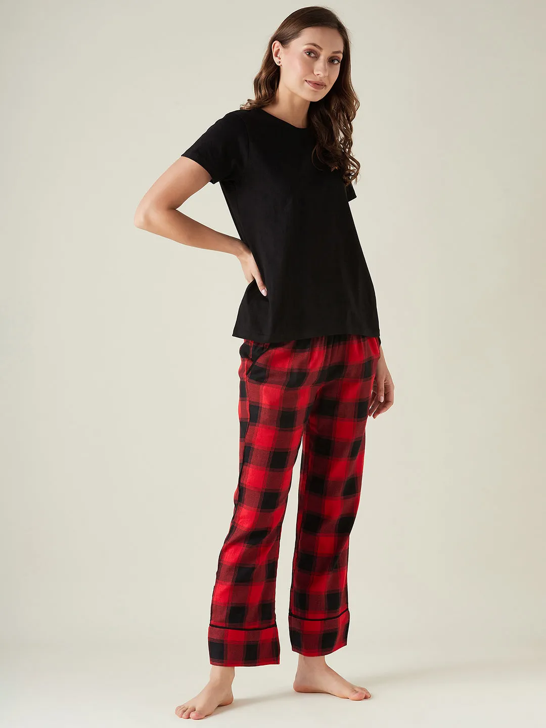 Red plaid lounge set with t-shirt