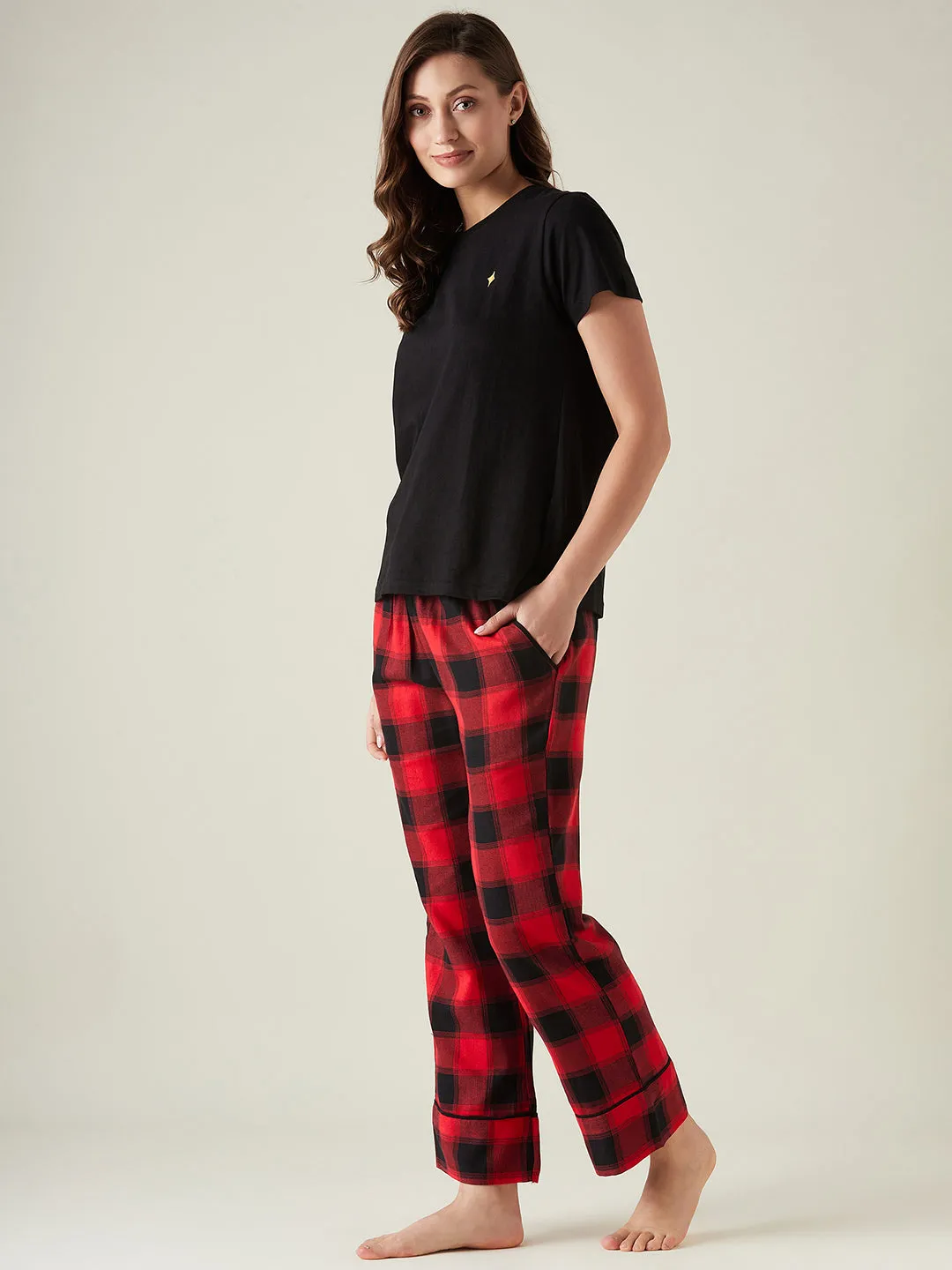 Red plaid lounge set with t-shirt