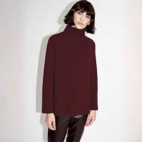 Ribbed Mock Neck Cashmere Sweater- Burgundy