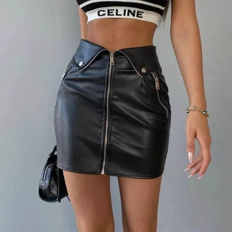 Sexy High-Waist PU Leather Skirt - Multi-Zipper Mini Skirt for Women's Streetwear Style