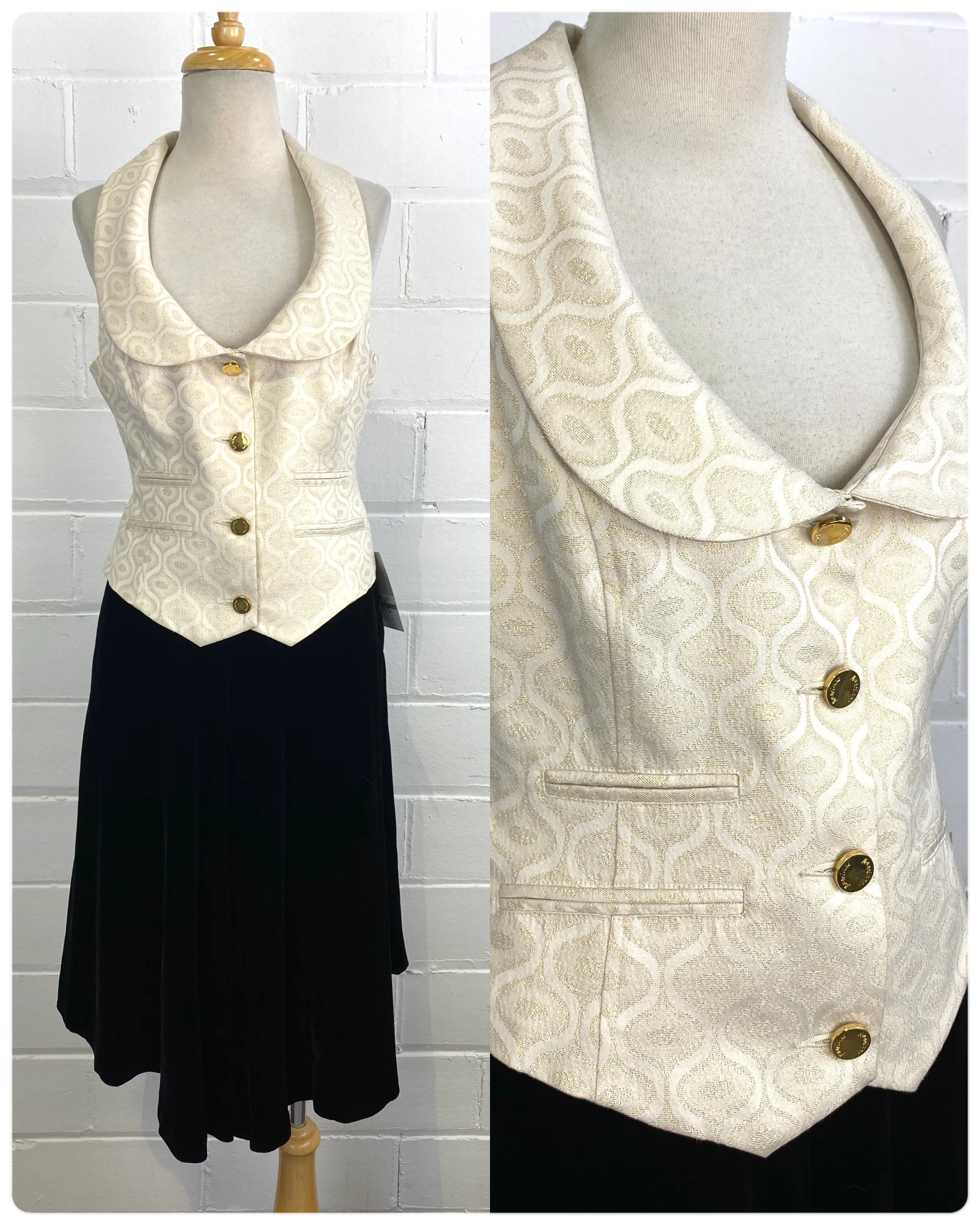 Vintage Y2K Cream & Gold Metallic Vest/ Waistcoat with Ogee Pattern, New With Tags, Med