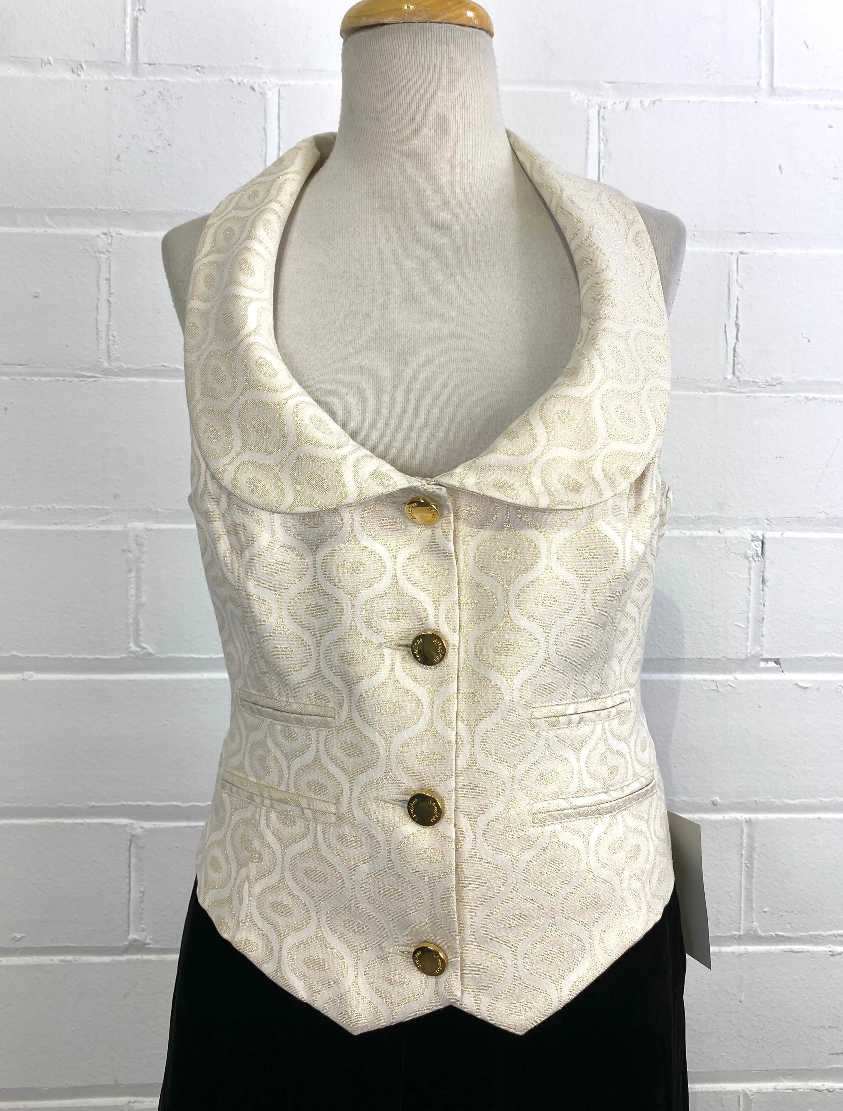 Vintage Y2K Cream & Gold Metallic Vest/ Waistcoat with Ogee Pattern, New With Tags, Med