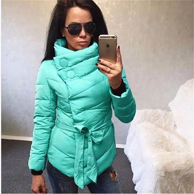 Women Winter Designer Parkas Solid Color Belt Irregular Style Female Clothing Stand Collar Casual s